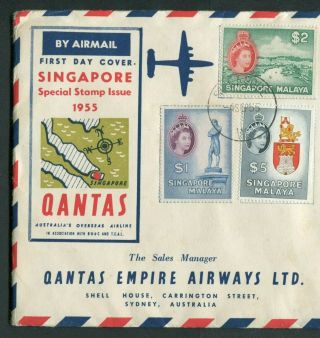 04.  09.  1955 Singapore GB QEII Definitives Complete set on Qantas FDC to Australia 3
