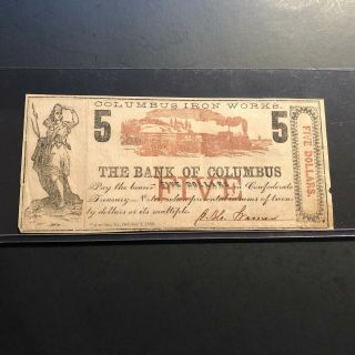 1862 Confederate Bank Of Columbus Georgia Iron 5 Dollar Note 456