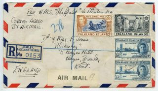 Falkland Islands Rare 1947 Reg.  Airmail Cover 8s Rate To Uk From Stanley