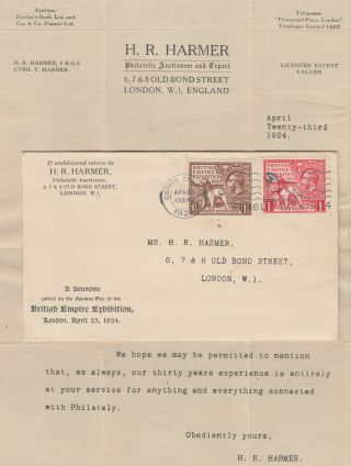 1924 British Empire Exhibition H.  R.  Harmer Display Fdc; Wembley Park Slogan; Enc.