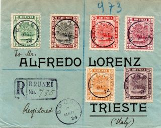 Brunei 1924 Registered Cover To Trieste With Labuan Transit Cds