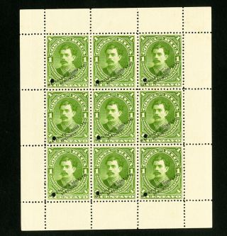 Costa Rica Scarce 1 Cent Specimen Stamp Sheet Of 9 Printed By Waterlow & Sons