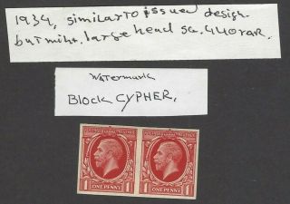Gb 1934 Issue Large Head Essay Imperf Pair Wmk Block Cypher Mnh