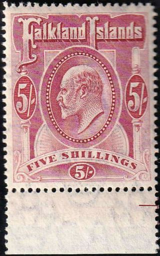 Falkland Islands Edward Vii 1904 Sg 50 Five Shillings Red Bottom Marginal Mnh