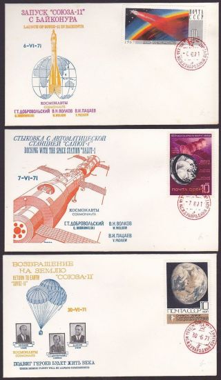 Russia 1971 3 Covers Dedicated To Flight Of Volkov,  Dobrovolsky,  Pacaev,  Soyuz - 11