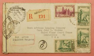 1940 French West Africa Ivory Coast Abidjan Registered Airmail Wwii Censored