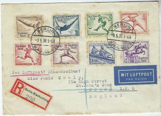 Germany 1936 Olympics Set Of 8 On Registered First Day Cover To London