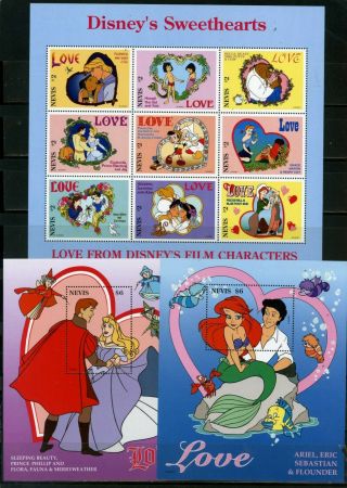 Nevis 1996 Walt Disney " Love " Sheet Of 9 Stamps & 2 S/s Mnh