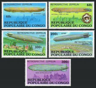 Congo Pr 408 - 412,  C236,  Mnh.  Michel 577 - 581,  Bl.  11.  History Of Zeppelin,  1977.