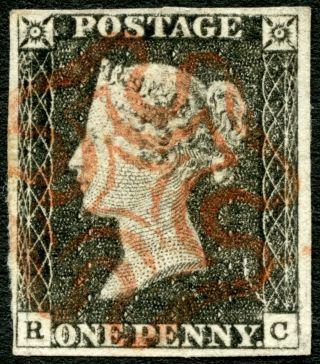 G.  B.  Victoria 1840 Penny Black R - C With Red Maltese Cross,  4 Margins
