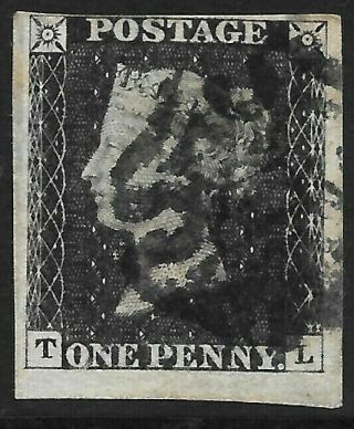 1840 - Penny Black 4 Margins Plate 10 (t - L) Fine