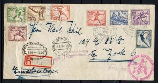Germany 1936 Zeppelin REG cover to York USA compl.  Olympic set Mi 609 - 616 2
