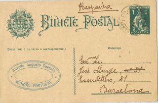 Portugal - 1915 Inteiro Postal 1 C.  Ceres.  MonÇÃo To Barcelona