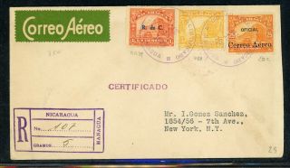 Nicaragua Postal History: Lot 96 1930 Reg Air Official Oa2 Managua - Nyc $$$