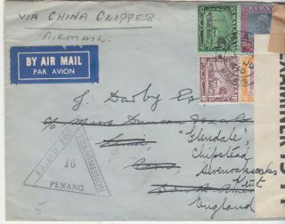 Malaya 1940 Envelope Passed Censor Penang Sent Via China Clipper