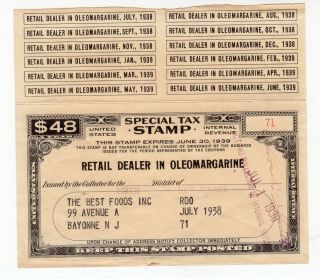 Special Tax Stamps - - - 1939 Retail Dealer In Oleomargarine - - - - $48 Tax