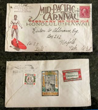 Duke Kahanamoku 1914 Mid Pacific Carnival Cover Hawaii Poster Stamp Surfing