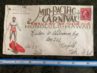 Duke Kahanamoku 1914 Mid Pacific Carnival Cover Hawaii Poster Stamp Surfing 4