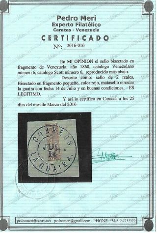 Venezuela: 1860; Scott 006,  Bisect In Fragment,  Certificate,  Xf,  Ebv112&