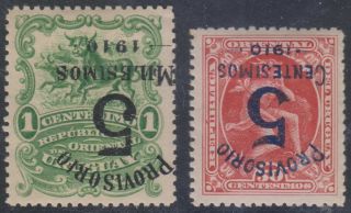Uruguay 1910 Sc 184a & 185a Inverted Surcharges Hinged F,  Vf Scarce
