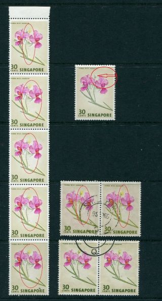 1968/73 Singapore 30c Stamps 6 Stamps With Flaws & Colour Missing Mnh U/m &