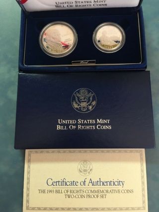 1993 Bill Of Rights Commemorative Silver Two Coin Proof Set W Box &