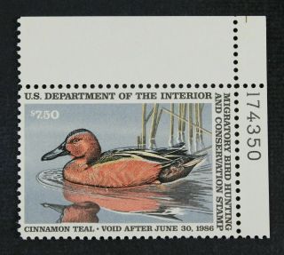 Rw52 1985 Federal Duck Stamp Vf Ognh Ur Plate Single Under Face