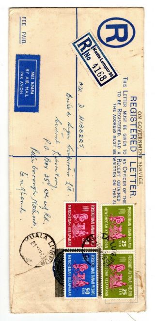 1965 Malaysia To Gb Uprated Registered Envelope / Perlis / Official.