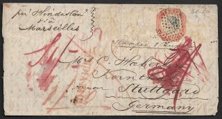 India 1854 4as Sg24 4th Print On Cover To Stuttgart Germany - Rare Destination