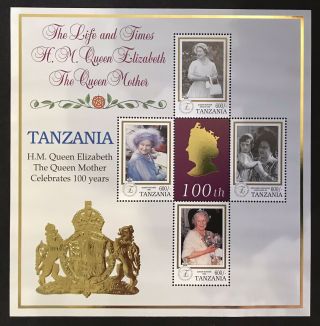 Tanzania Queen Elizabeth Celebrates 100 Years Gold & Multi Stamp Sheet 1999 Mnh