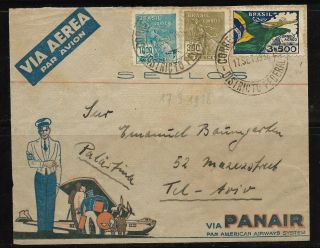 Brazil Old Airmail Cover Panair Sent To Tel Aviv Palestine 1936 Via Lebanon