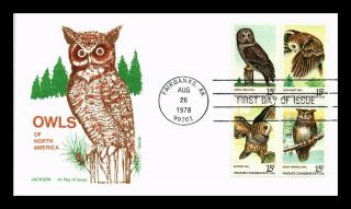 Dr Jim Stamps Us Owls Of North America Fdc Jackson Cover Block Scott 1760 - 63