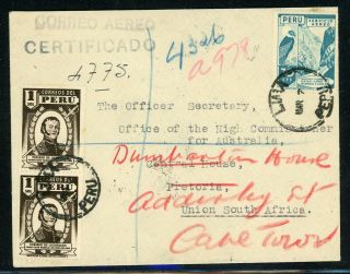 Peru Postal History: Lot 6 1950 Reg 2.  70s Lima - Pretoria Forwarded Capetown $$
