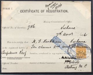 1896 Rhodesia Certificate Of Registration Rare Revenue Document 5/ - Orange/yellow