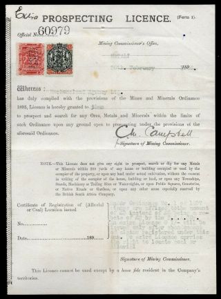 1900 Rhodesia Extra Prospecting Licence.  A Rare Mining Revenue Document.