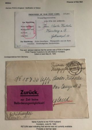 1940 Konstanz Germany Cover To German Pow Prisoner Of War Camp 2 England Kutsche
