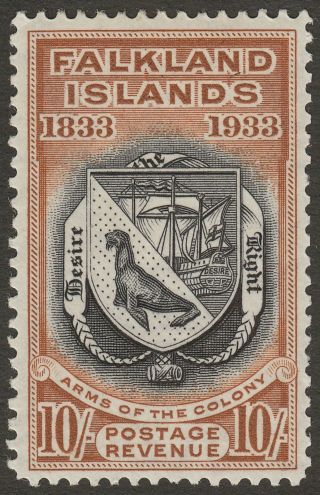 Falkland Islands 1933 Kgv Centenary 10sh Black And Chestnut Sg137 Cat £850