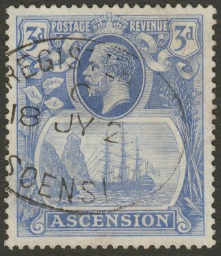 Ascension 1924 Kgv 3d Blue With Variety Torn Flag Sg14b Cat £300 Fine