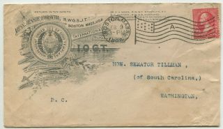 Boston Ma Feb 9 1896 Sbn Ad Cover " I O G T " To Senator Tillman Of Sc In Washingt