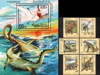 Laos 1988 S/sheet & Stamps Prehistoric Dinosaurs Mammoth Reptiles Mnh