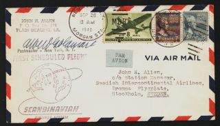 1946 Sas Flight Cover Ny To Sweden Signed By Albert Goldman Nyc Postmaster A340