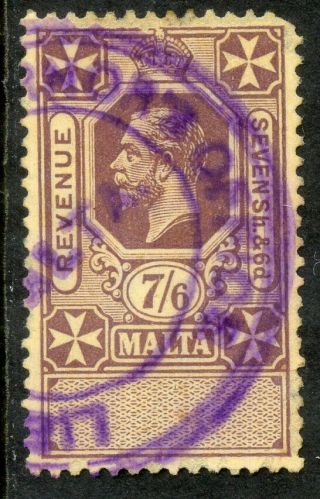 Malta 1926 7/6d On Yellow Unappropriated Faults Very Scarce Revenue Fiscal Duty