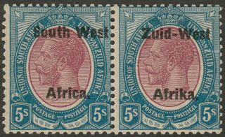 South West Africa 1923 Kgv Zuid - West 10mm Overprint 5sh Pair Sg13 Cat £160