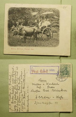 Dr Who 1916 Germany Burma Festival Cart Postcard To Essen Wwi Censored E44944
