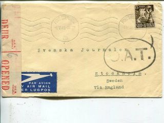 South Africa Oat Black Oval 50mm On Censor Cover To Sweden 1.  5.  1943