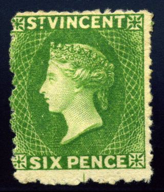 St.  Vincent.  1880.  6d.  Yellow Green.  Sc 28.  Sg 30.  Wmk Star.  Mh.  $550