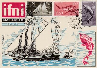 Fish Fishing Sailing Ships Ifni 1958 Dia Del Sello Card
