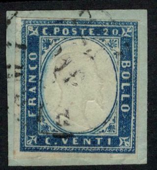 Italian States Sardinia 1857 - 58 / 20c Grayish Blue On Piece T19229