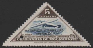 Mozambique Co.  1935 Air Inaug.  5c Triangular,  Waterlow Color Sample Blue & Brown