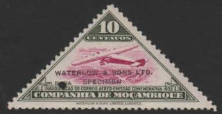 Mozambique Co.  1935 Air Inag.  10c Triangular Waterlow Color Sample Magenta/green
